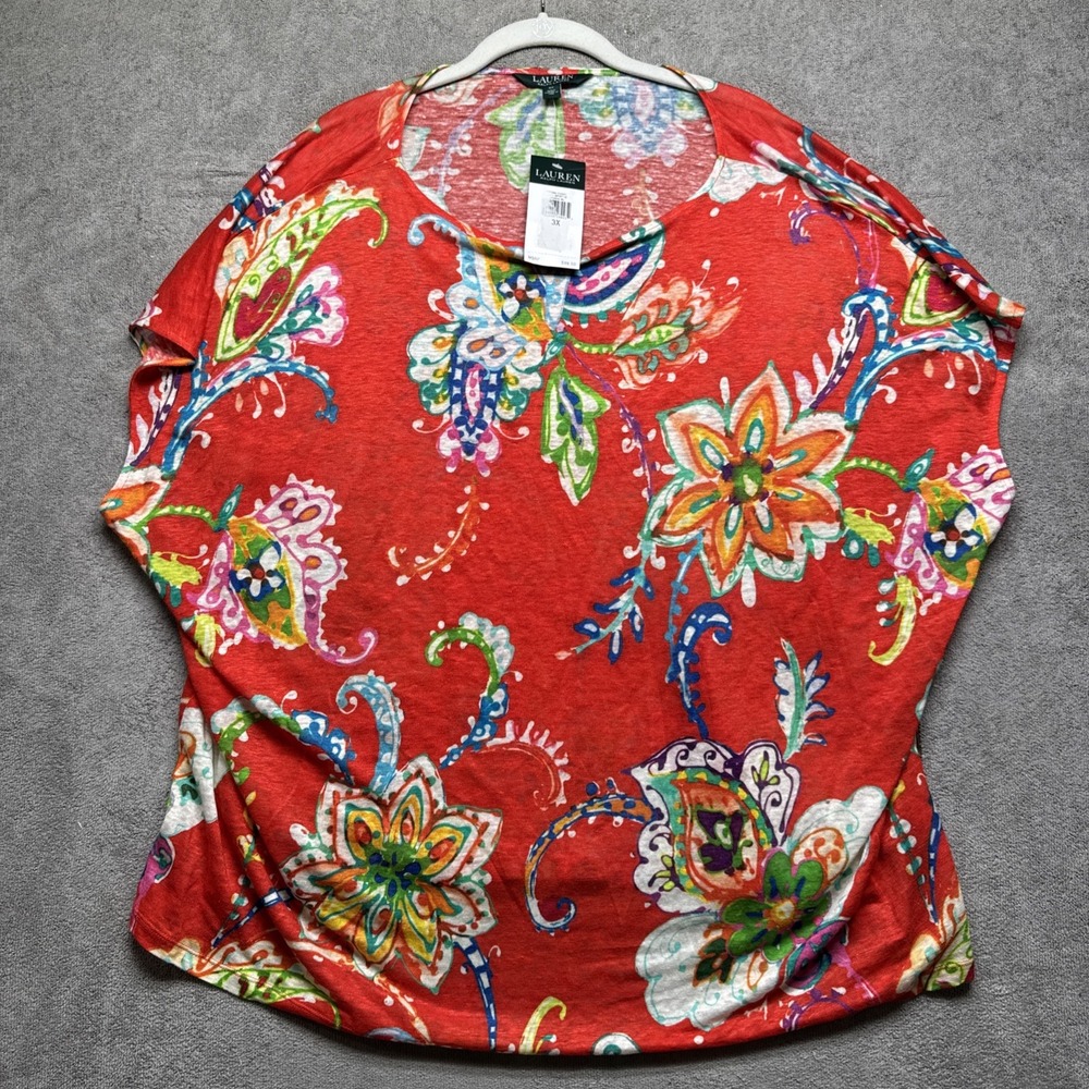 Lauren Ralph Lauren Red Paisley Linen Top Short Sleeve Plus Size‎ 3X Resort Wear